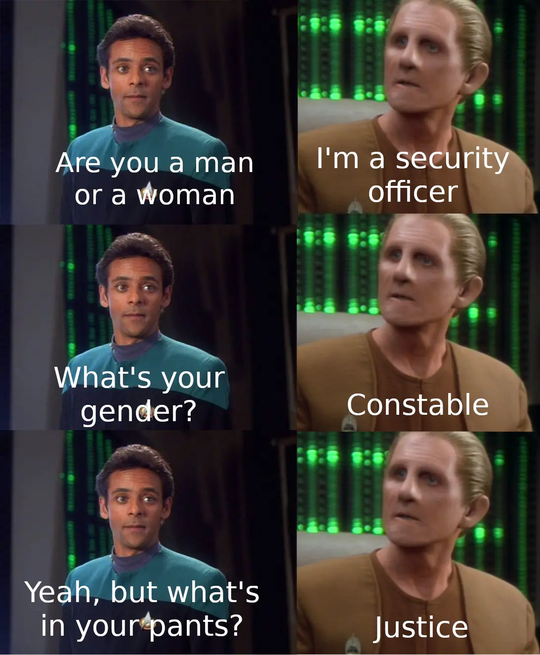 A meme of a conversation between Doctor Bashir and Odo from Star Trek Deep Space 9, referencing Red vs Blue. The conversation goes: Bashir: Are you a man or a woman? Odo: I'm a security officer. Bashir: What's your gender? Odo: Constable. Bashir: Yeah, but what's in your pants? Odo: Justice.