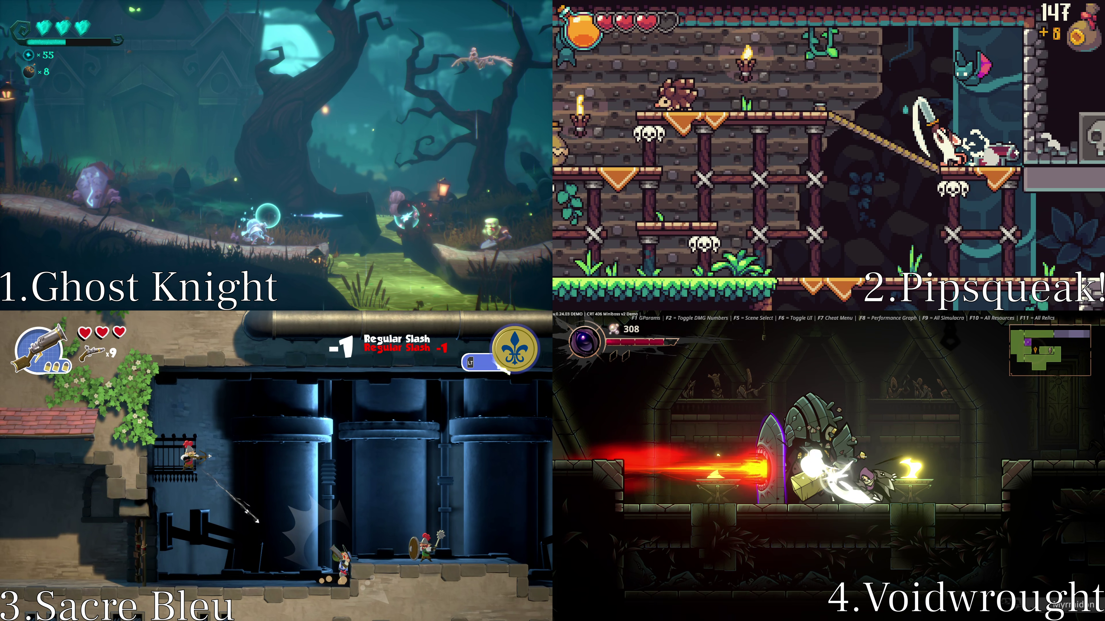 Screenshots of the games Ghost Knight, Pipsqueak, Sacre Bleu, and Voidwrought